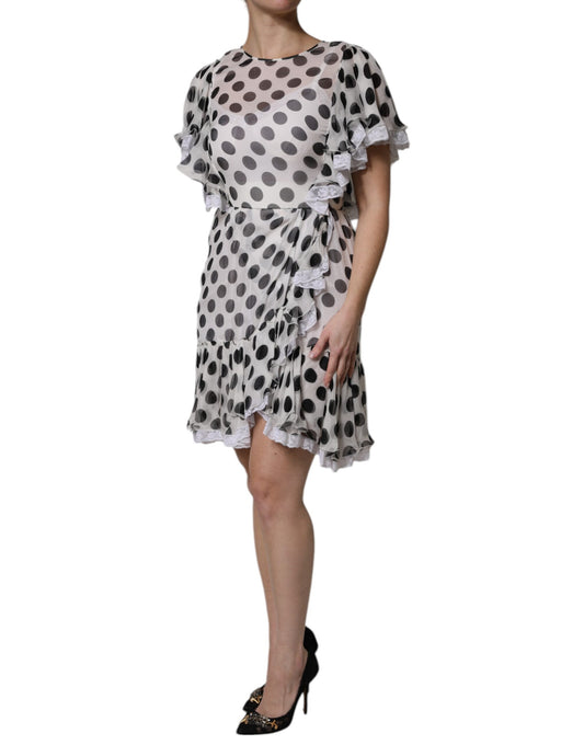 A-line dress with polka dots and ruffles, in white silk blend