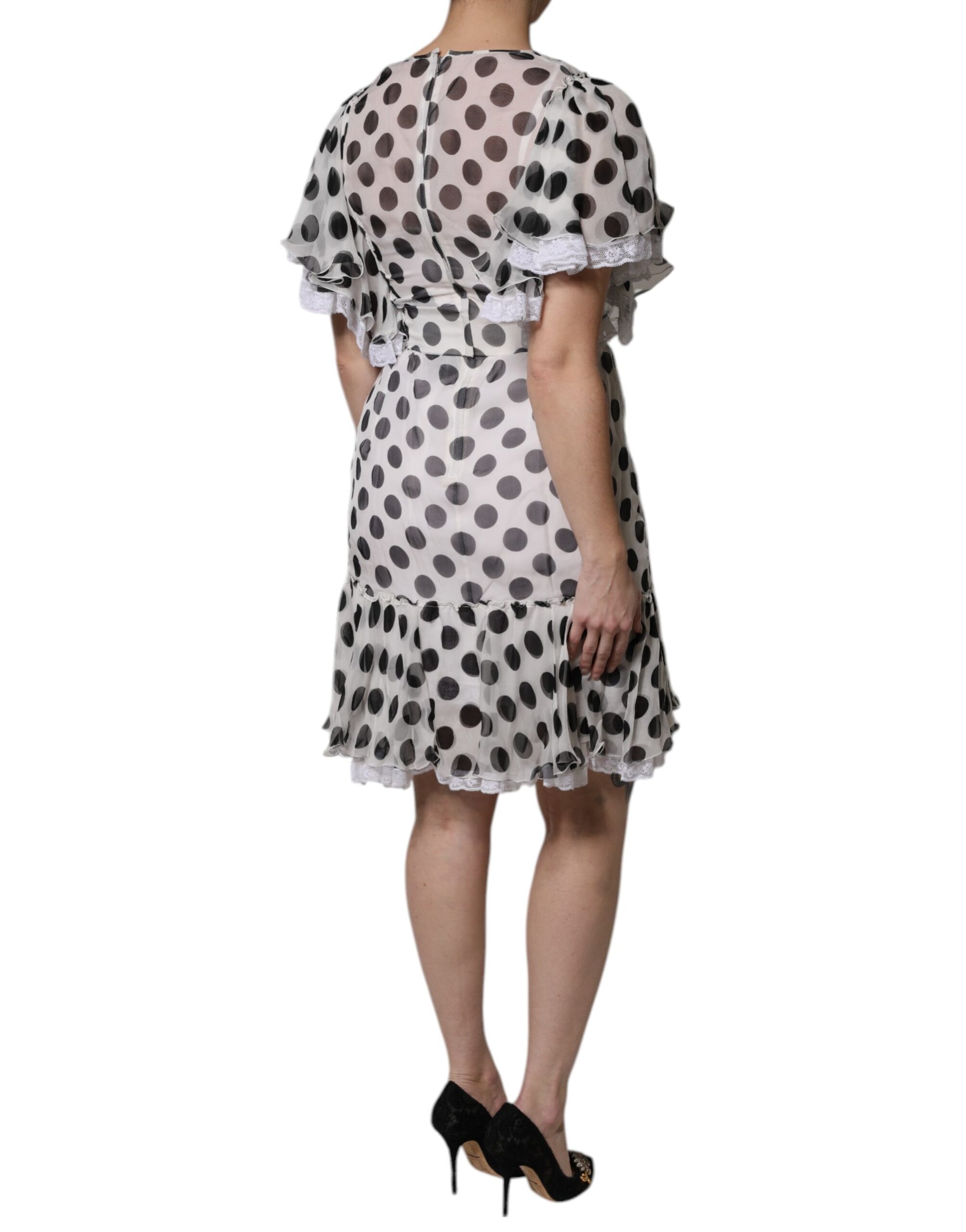 A-line dress with polka dots, silk blend fabric, white color