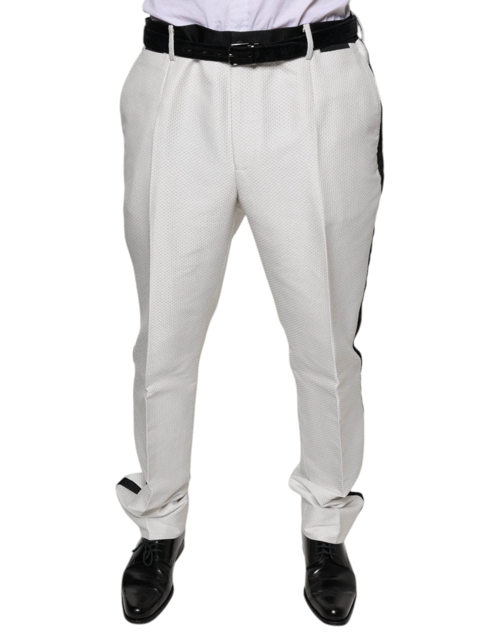Men's formal dress pants in white polyester with a textured pattern, featuring belt loops and a zipper fly