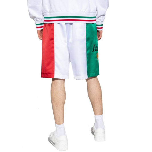 White sweatshirt with red and green stripes on sleeves and waistband