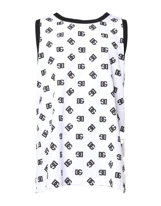 Black and white sleeveless shirt with repeated pattern of letters