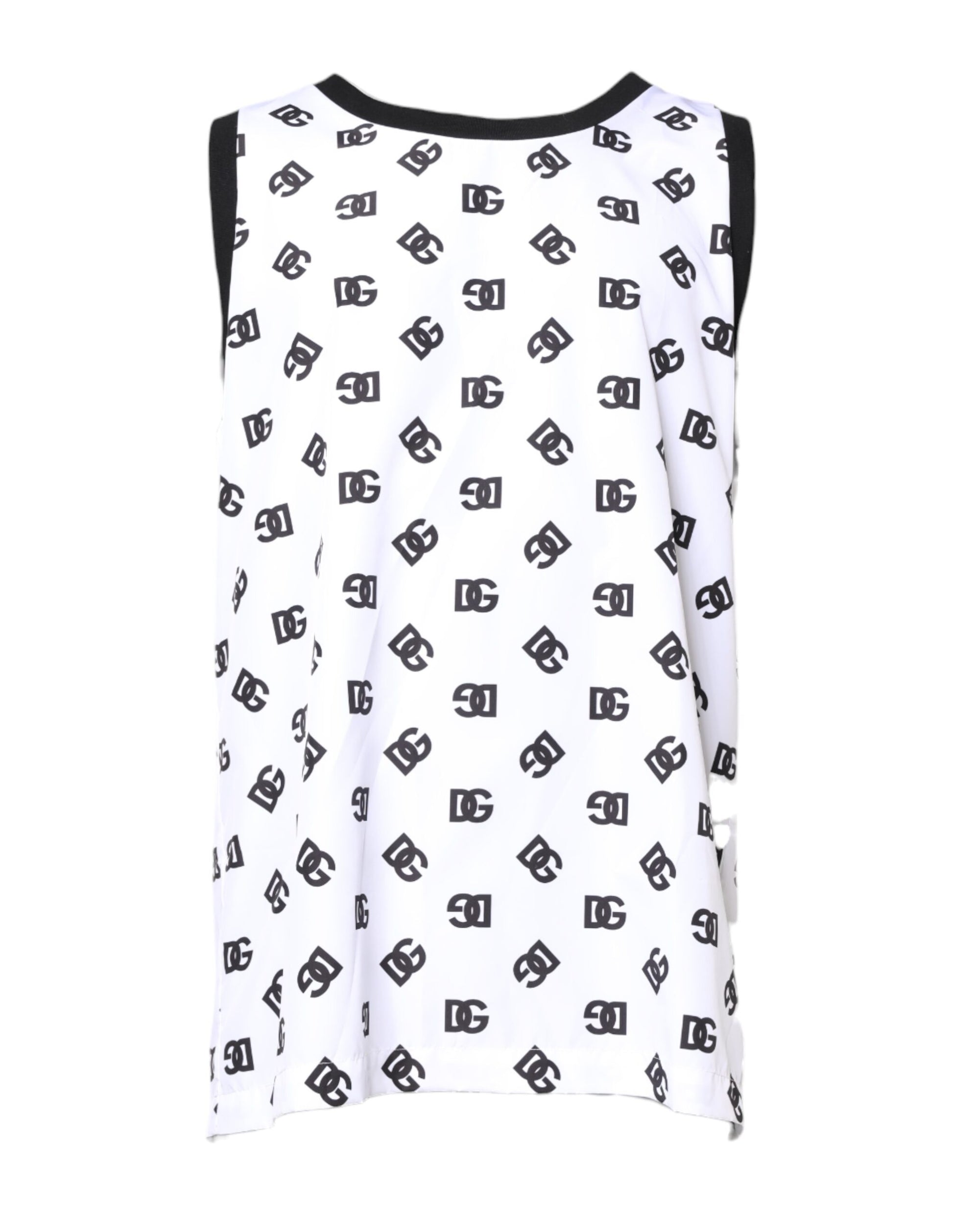 Black and white sleeveless shirt with repeated pattern