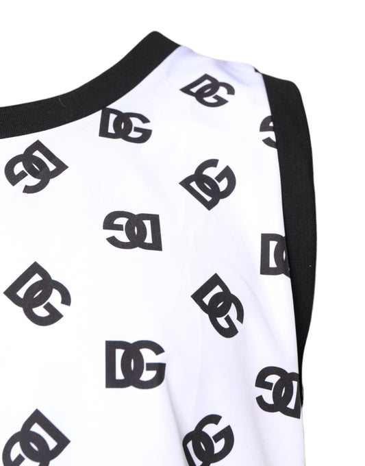 White shirt with black sleeves featuring repeated logo pattern