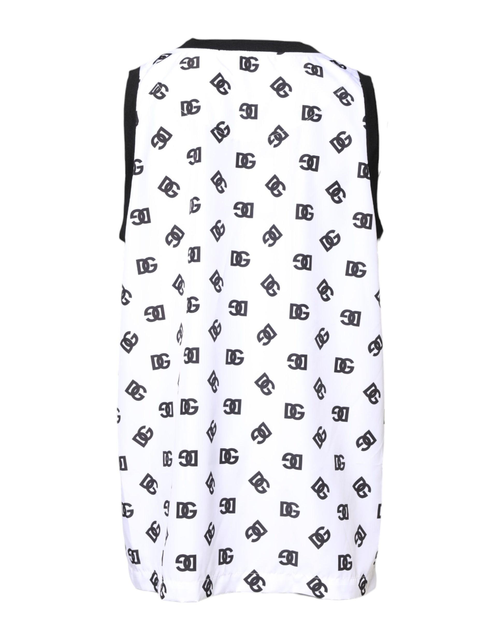 White sleeveless dress with black trim and patterned design