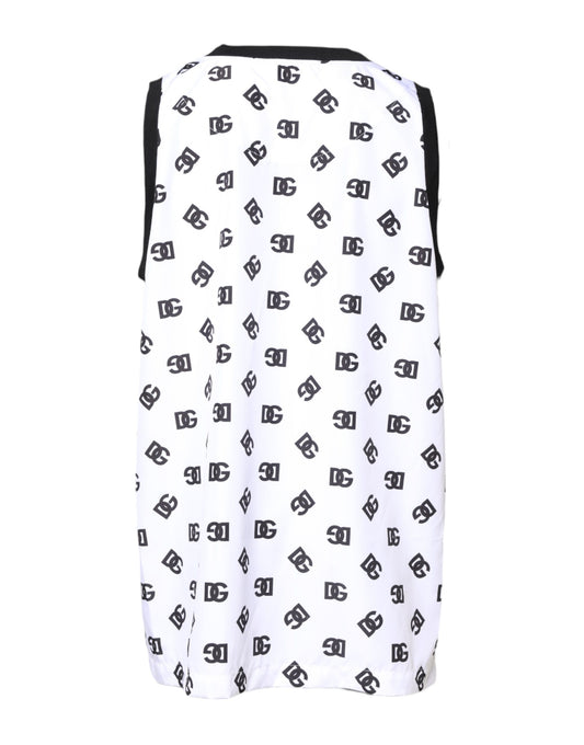 White sleeveless dress with black trim and patterned design