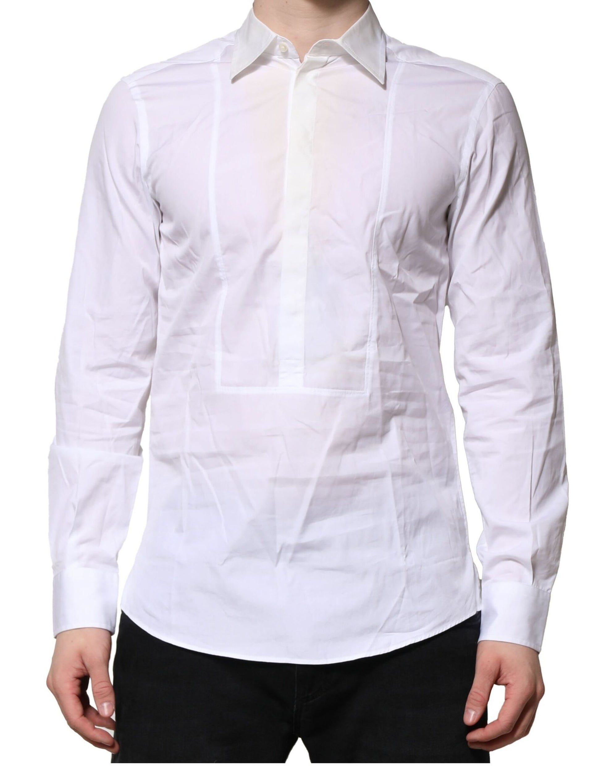 A long sleeve white dress shirt with a collar and button-down front