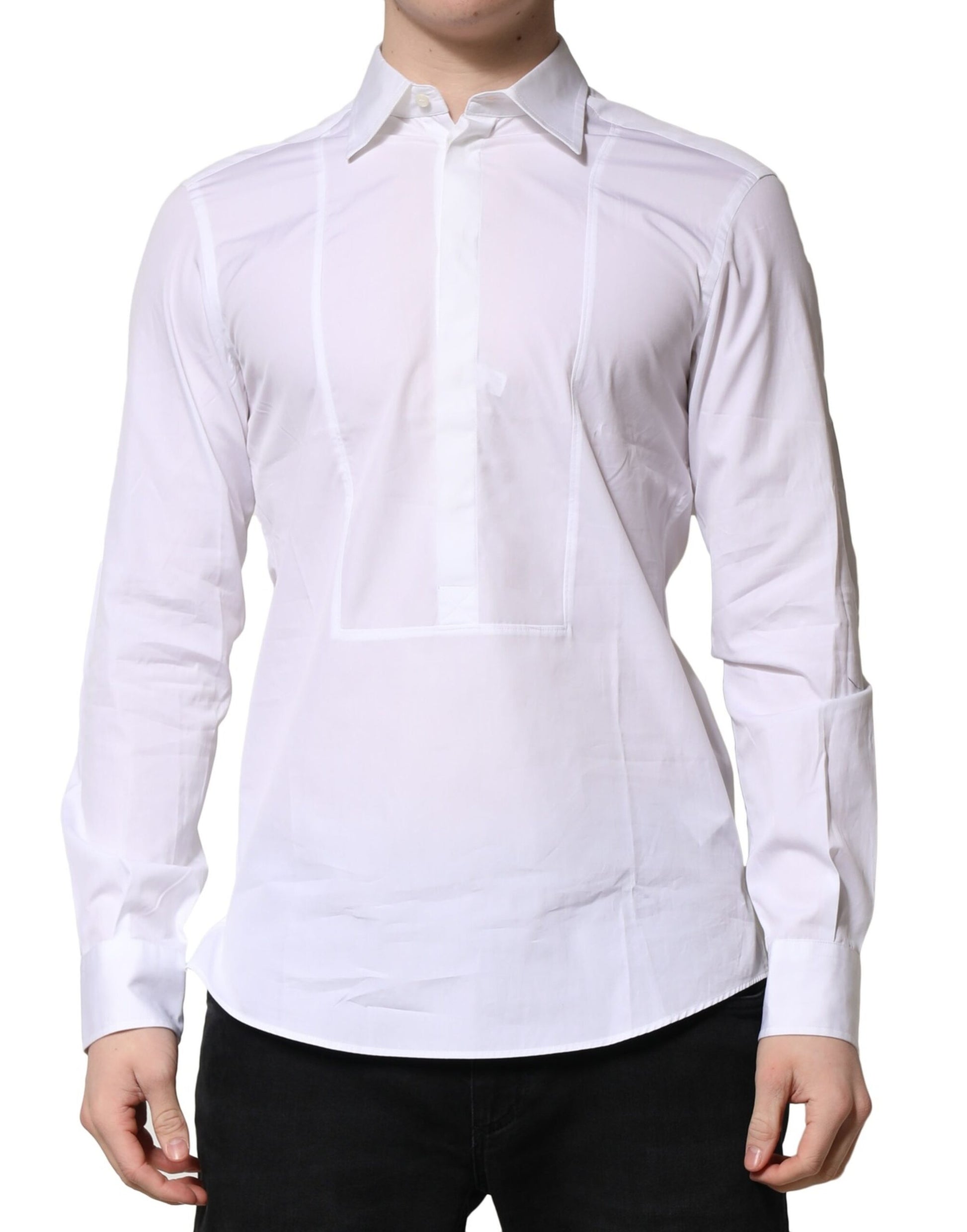 A white cotton dress shirt with long sleeves and a collar, designed for formal wear