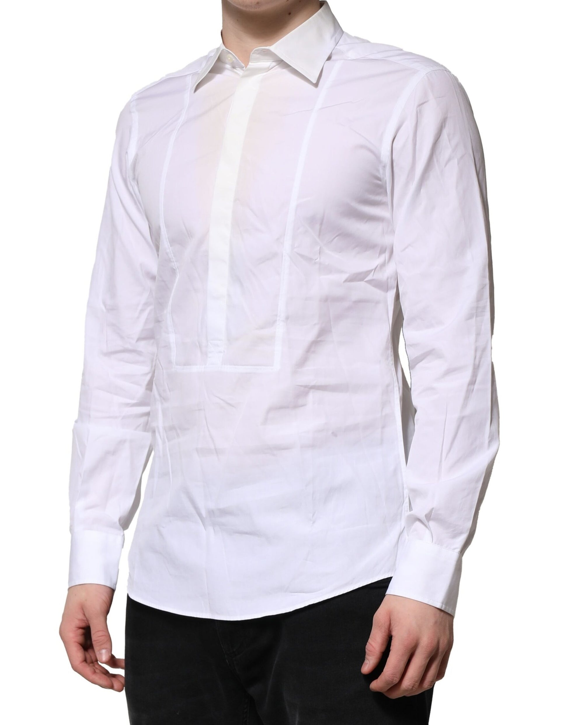 A white cotton dress shirt with a collar and long sleeves, designed for formal wear