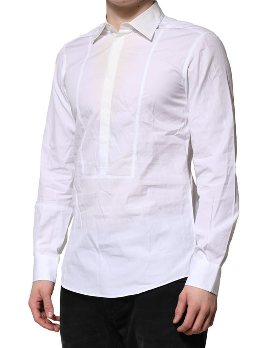 A white cotton dress shirt with a collar and long sleeves, designed for formal wear