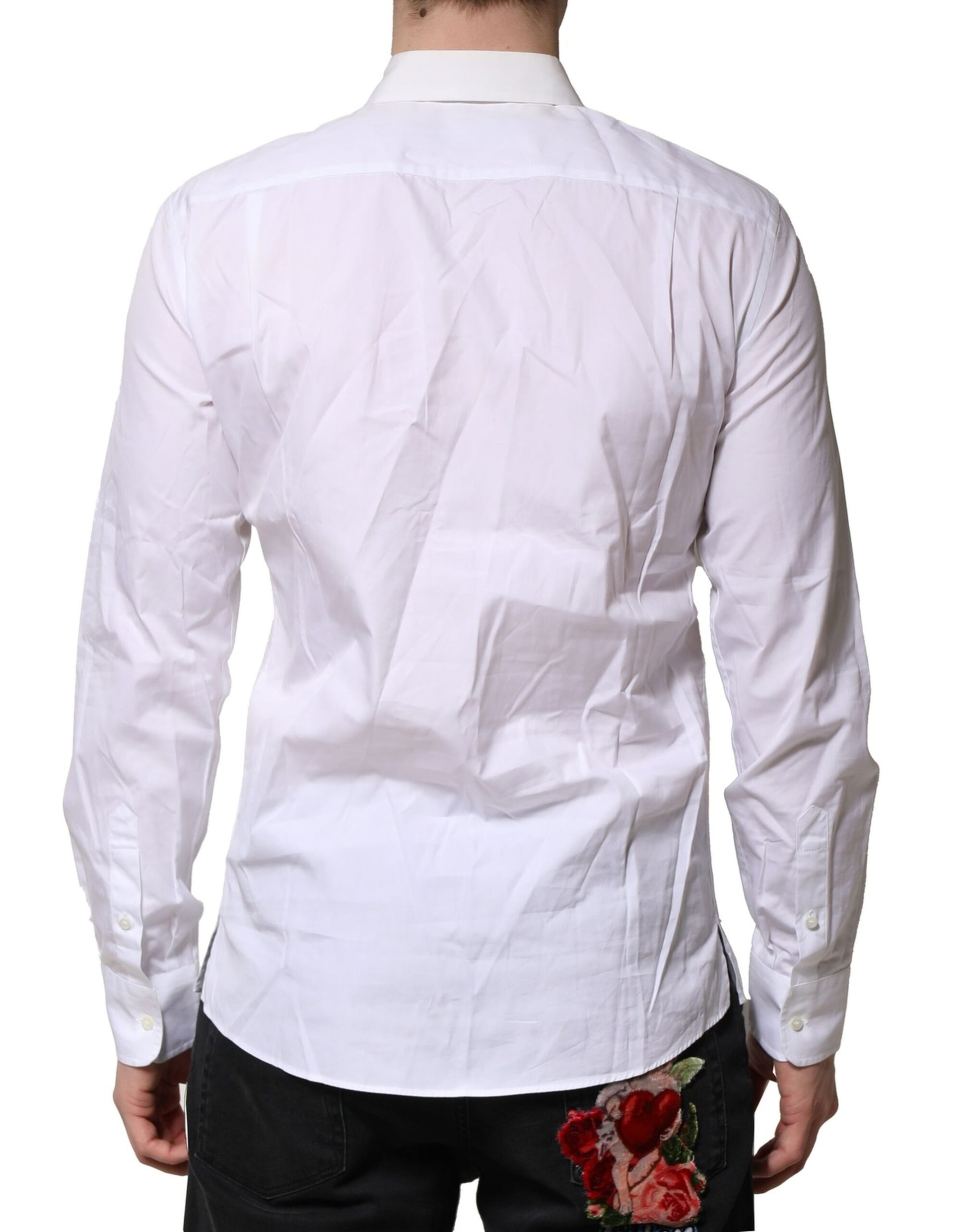 White cotton dress shirt with button-down collar and sleeves, featuring a floral print on the back