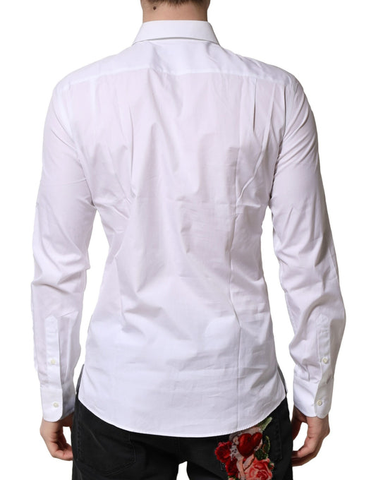 A white cotton dress shirt with a collar and button-up front, featuring a floral design on the back