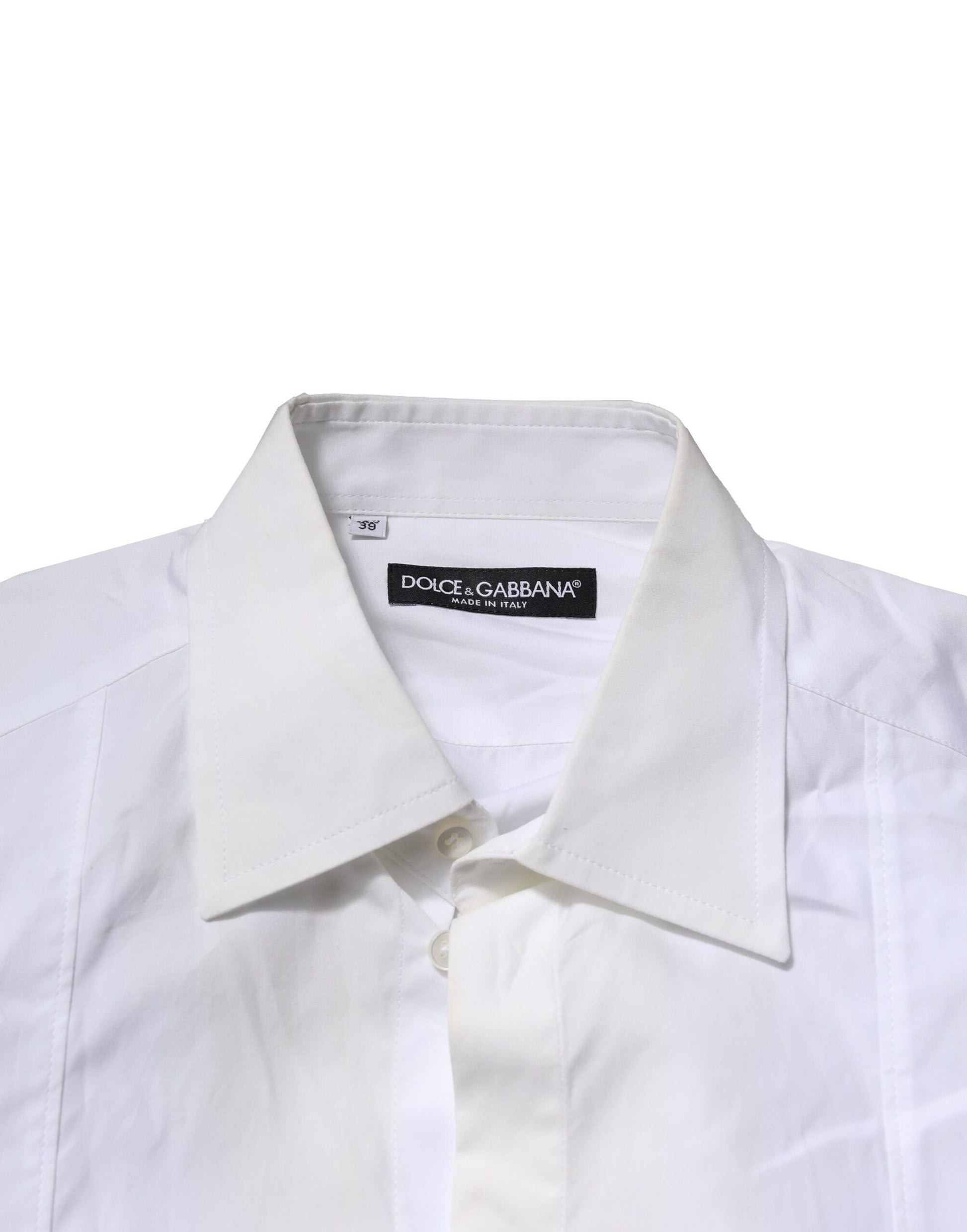 A white men's dress shirt with a collar and button-up front, made of cotton