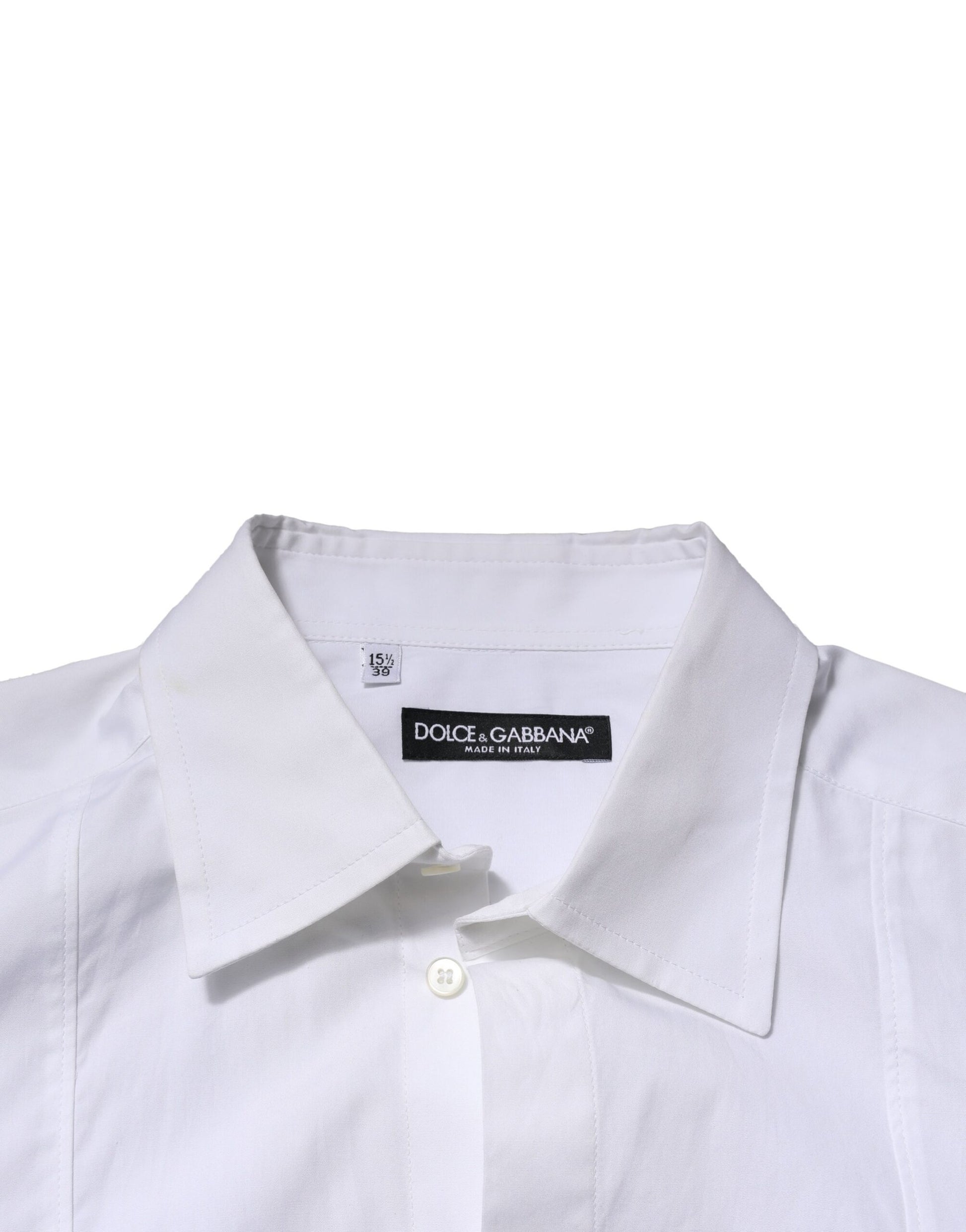 White cotton dress shirt with collar, button-up front and tag labeling brand