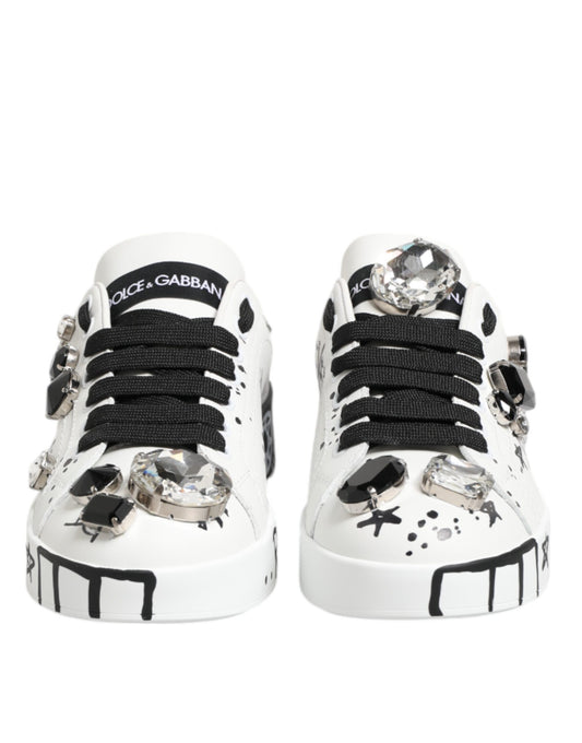 White sneakers with crystals, branded Dolce & Gabbana, featuring a unique design
