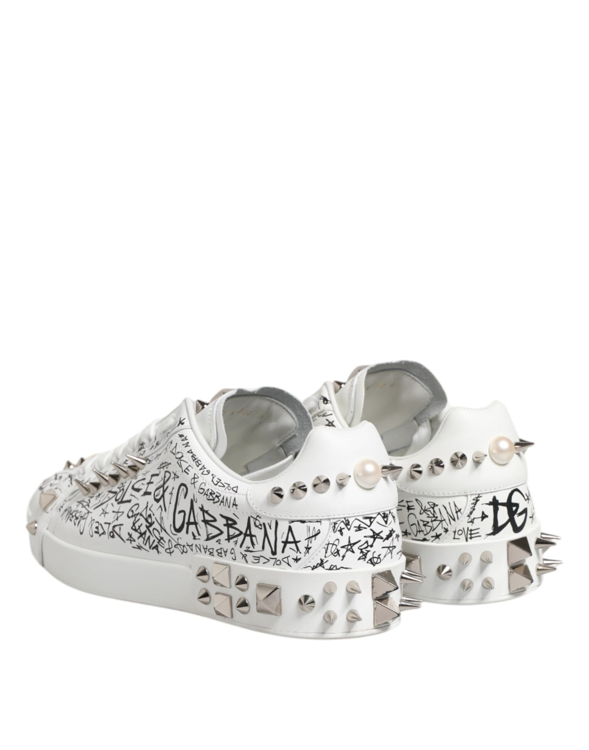 White men's sneakers with studded details and brand name embroidery