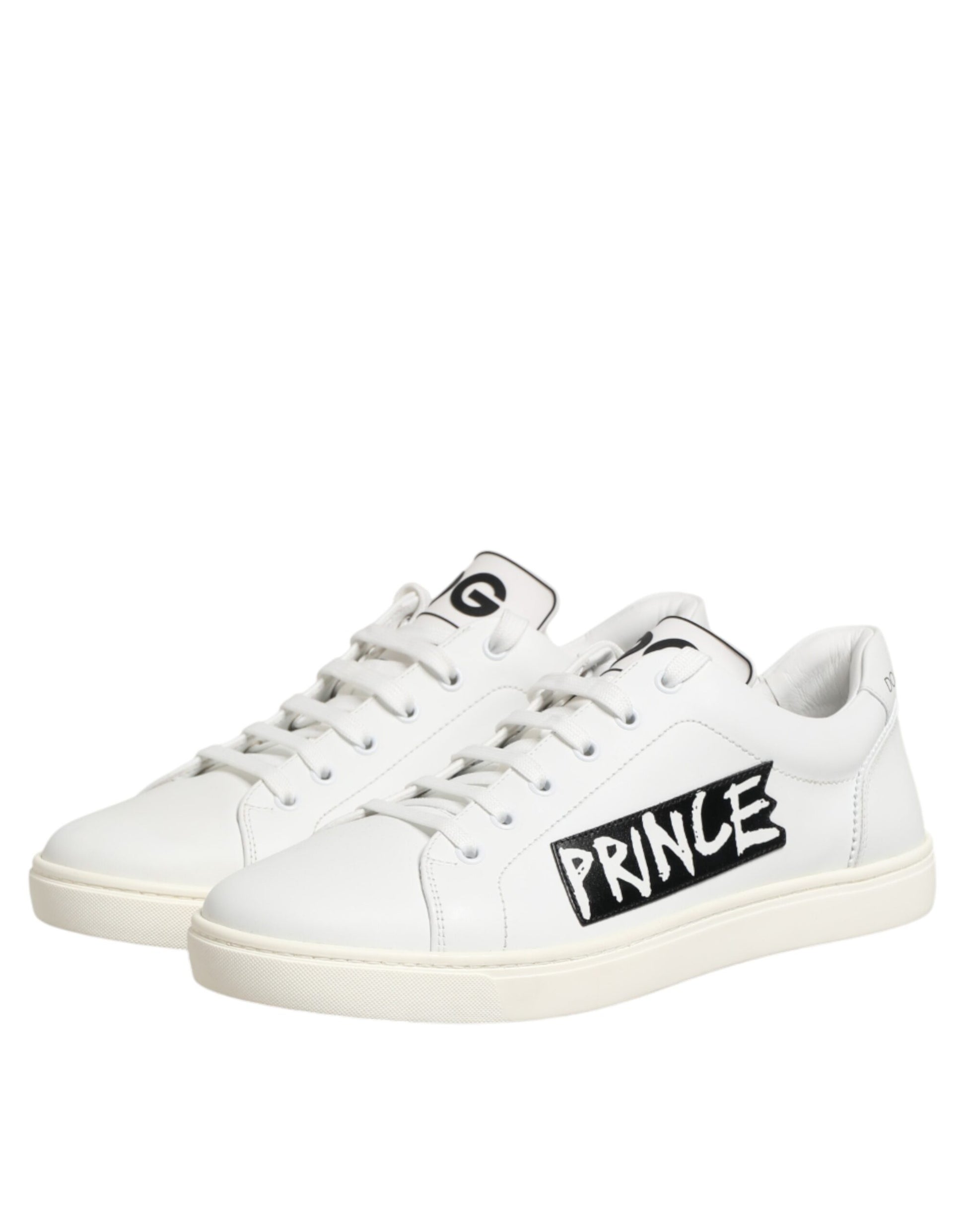 White sneakers with black laces and a logo on the side