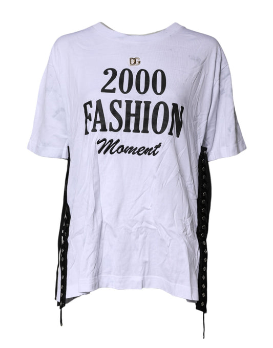 White t-shirt with black lettering