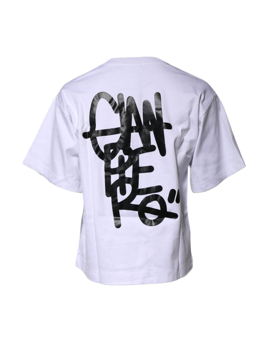 White t-shirt with black graffiti on back