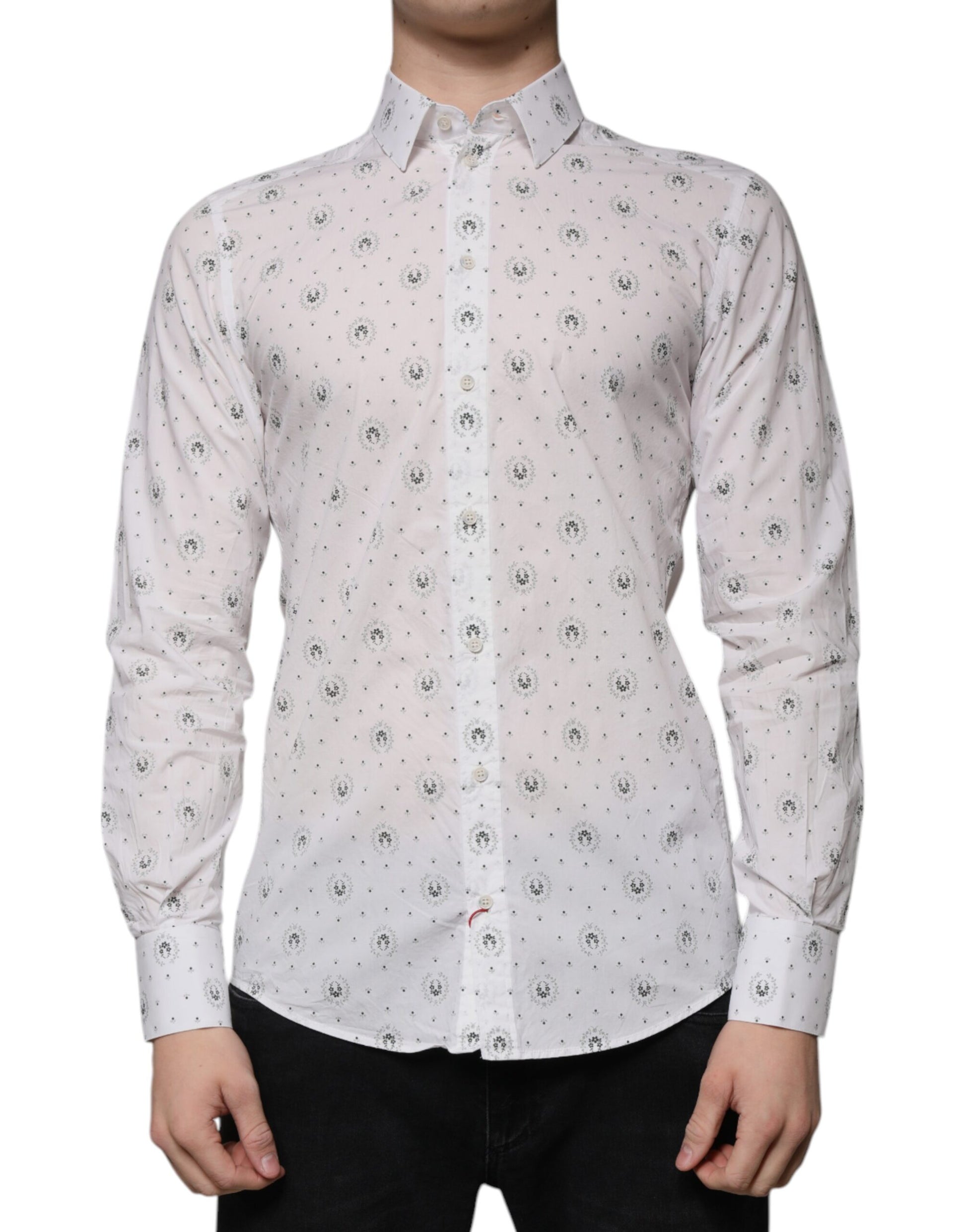 A slim fit men's dress shirt with a white printed pattern, designed by Dolce & Gabbana