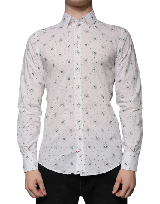 A slim fit men's dress shirt with a white printed pattern, designed by Dolce & Gabbana