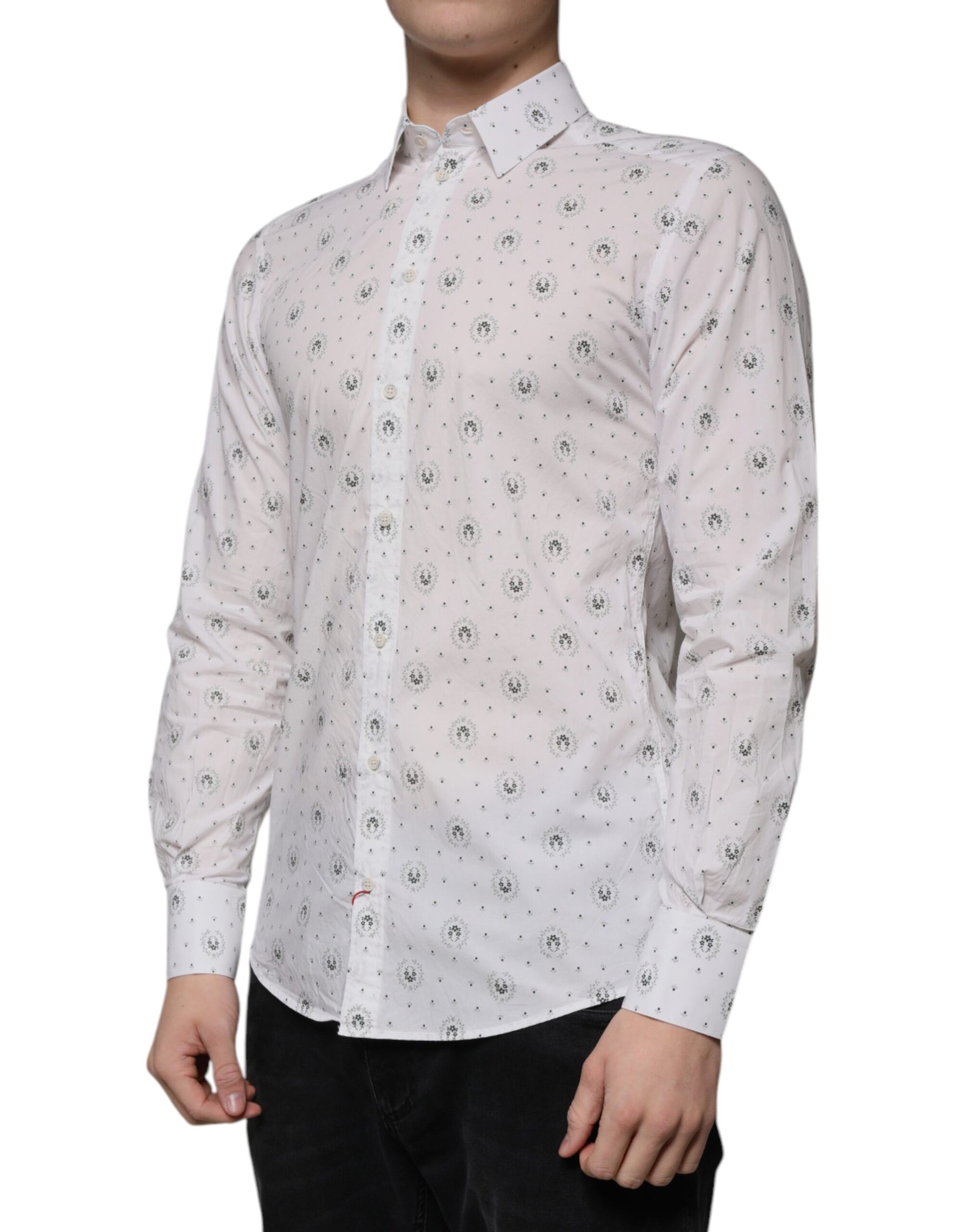 A mannequin wearing a white printed cotton slim fit men's dress shirt