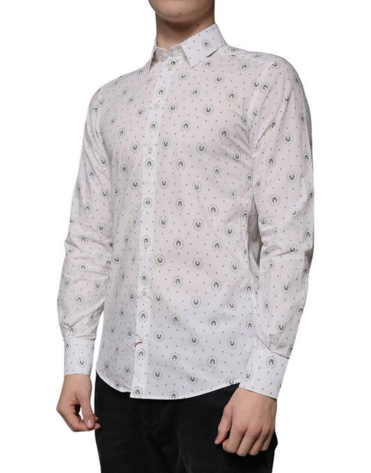 A mannequin wearing a white printed cotton slim fit men's dress shirt