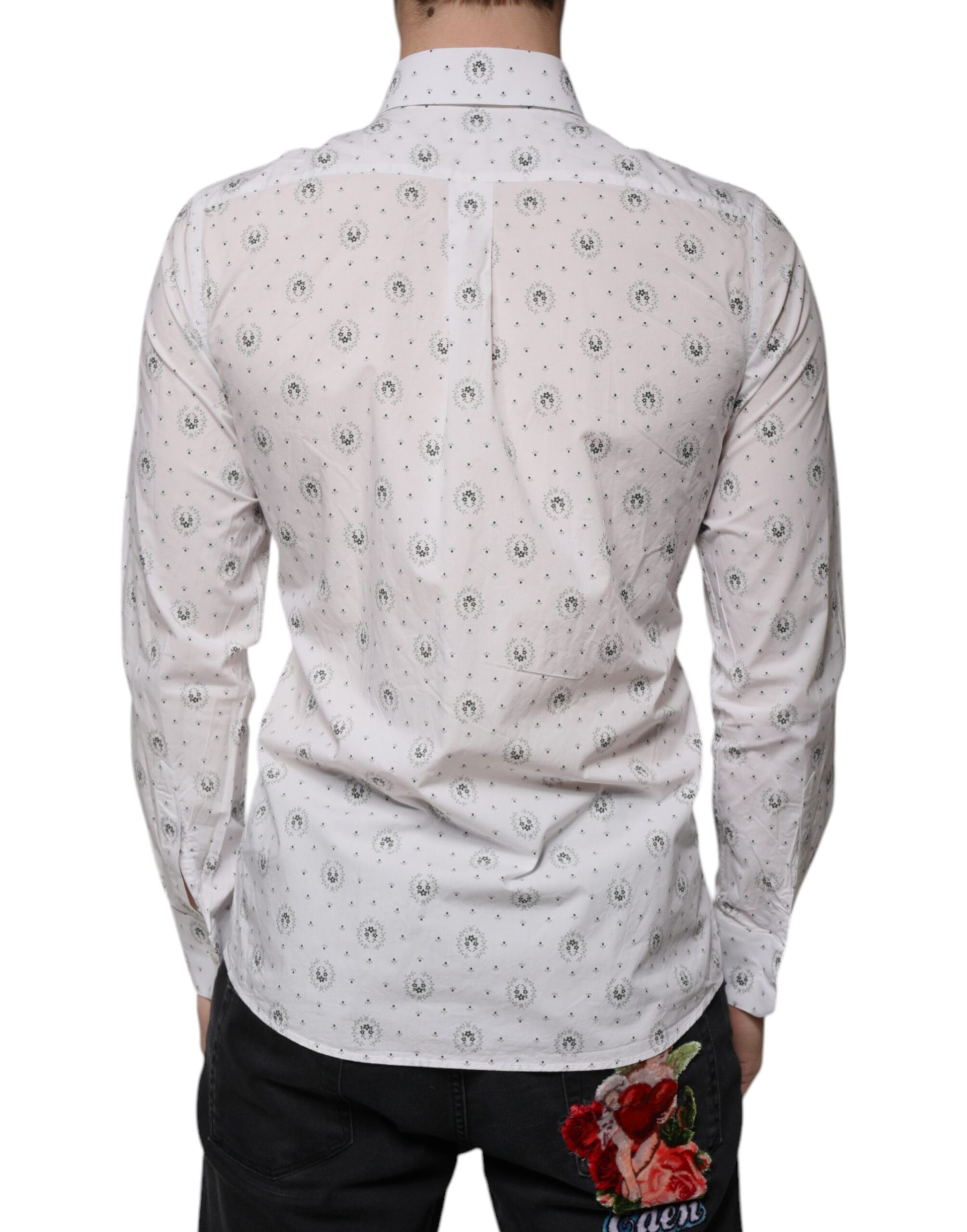 A mannequin wearing a white printed cotton slim fit men's dress shirt