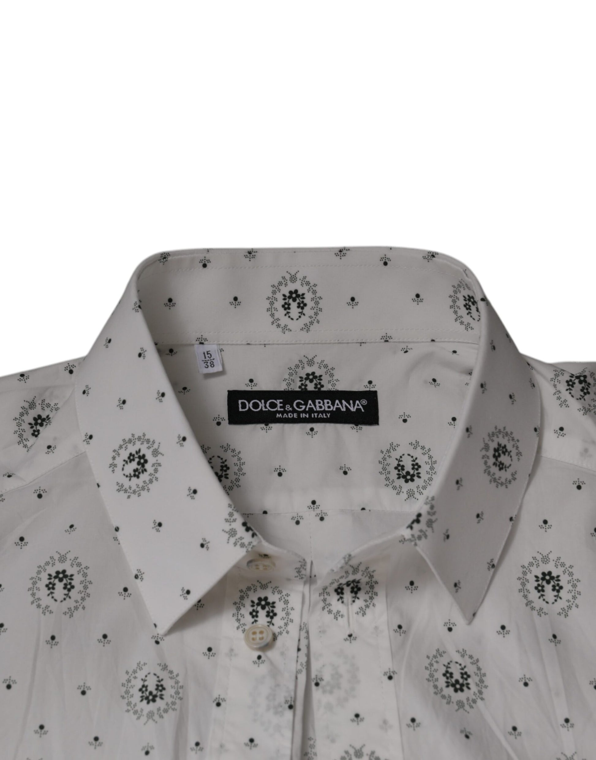 A white printed cotton slim fit men's dress shirt with a black pattern