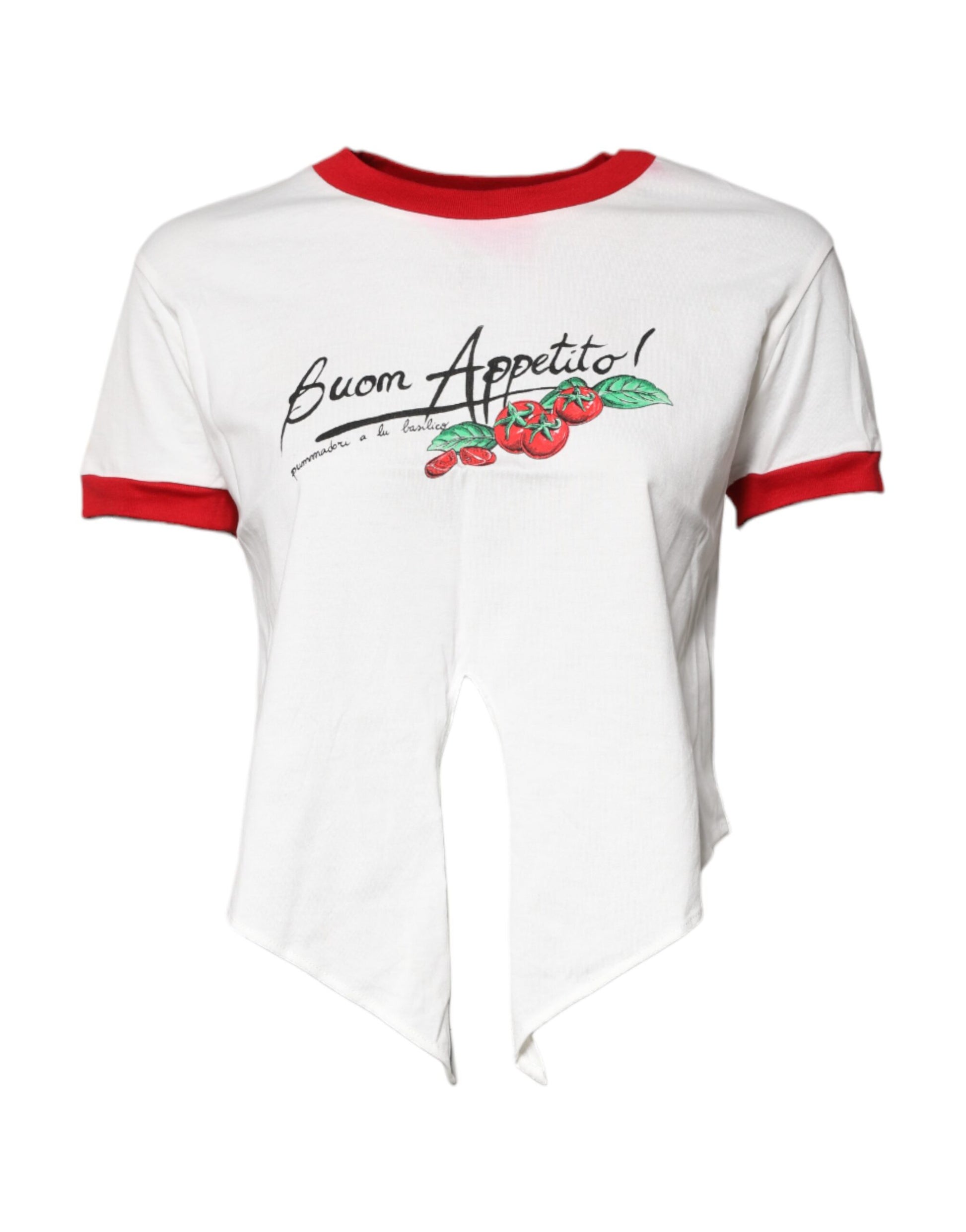 White t-shirt with red sleeves and a graphic design on front