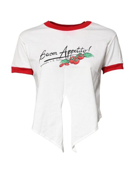 White t-shirt with red sleeves and a graphic design on front