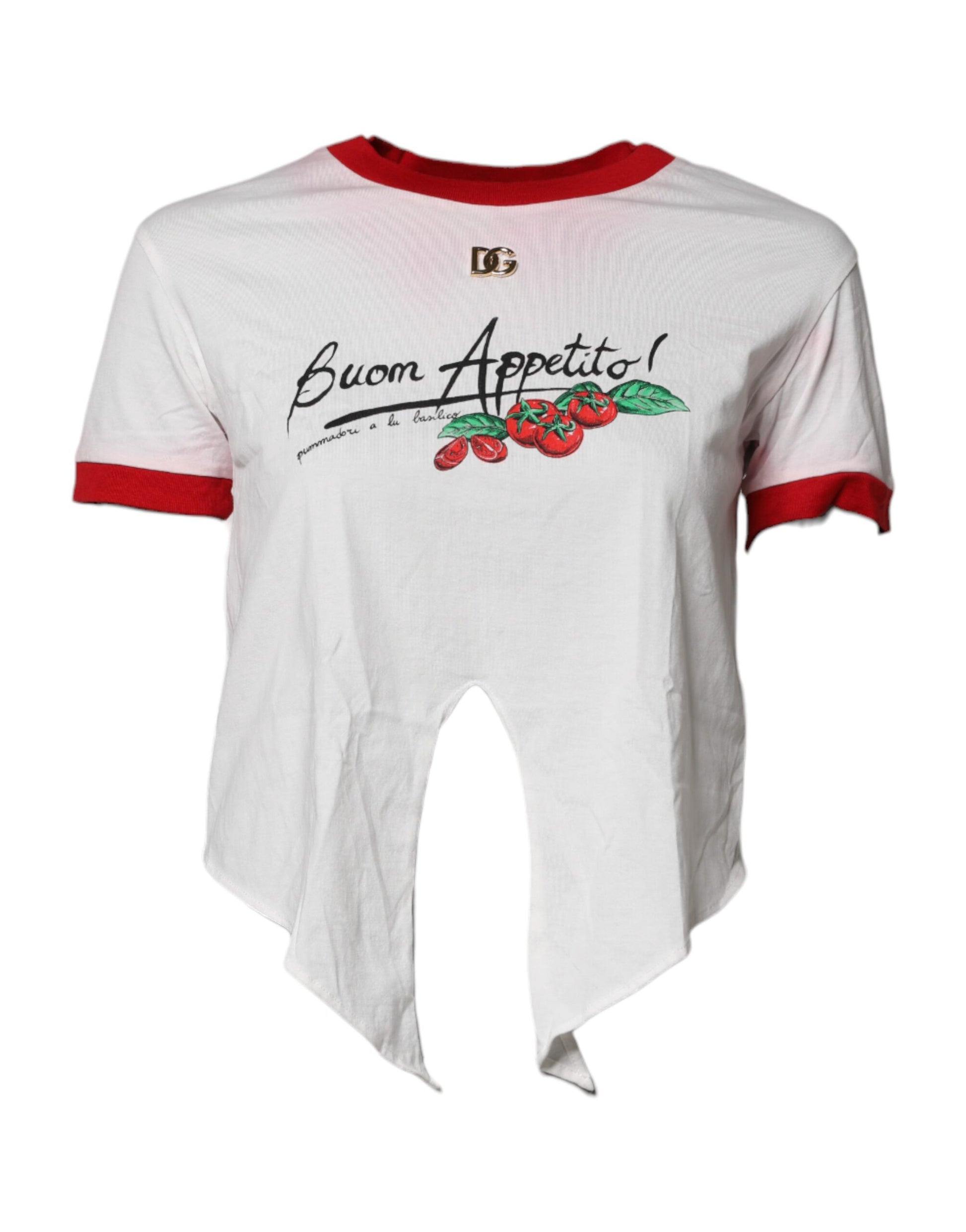 White t-shirt with red sleeves and a graphic design on front