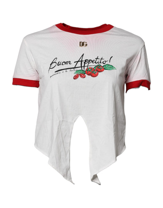 White t-shirt with red sleeves and a graphic design on front