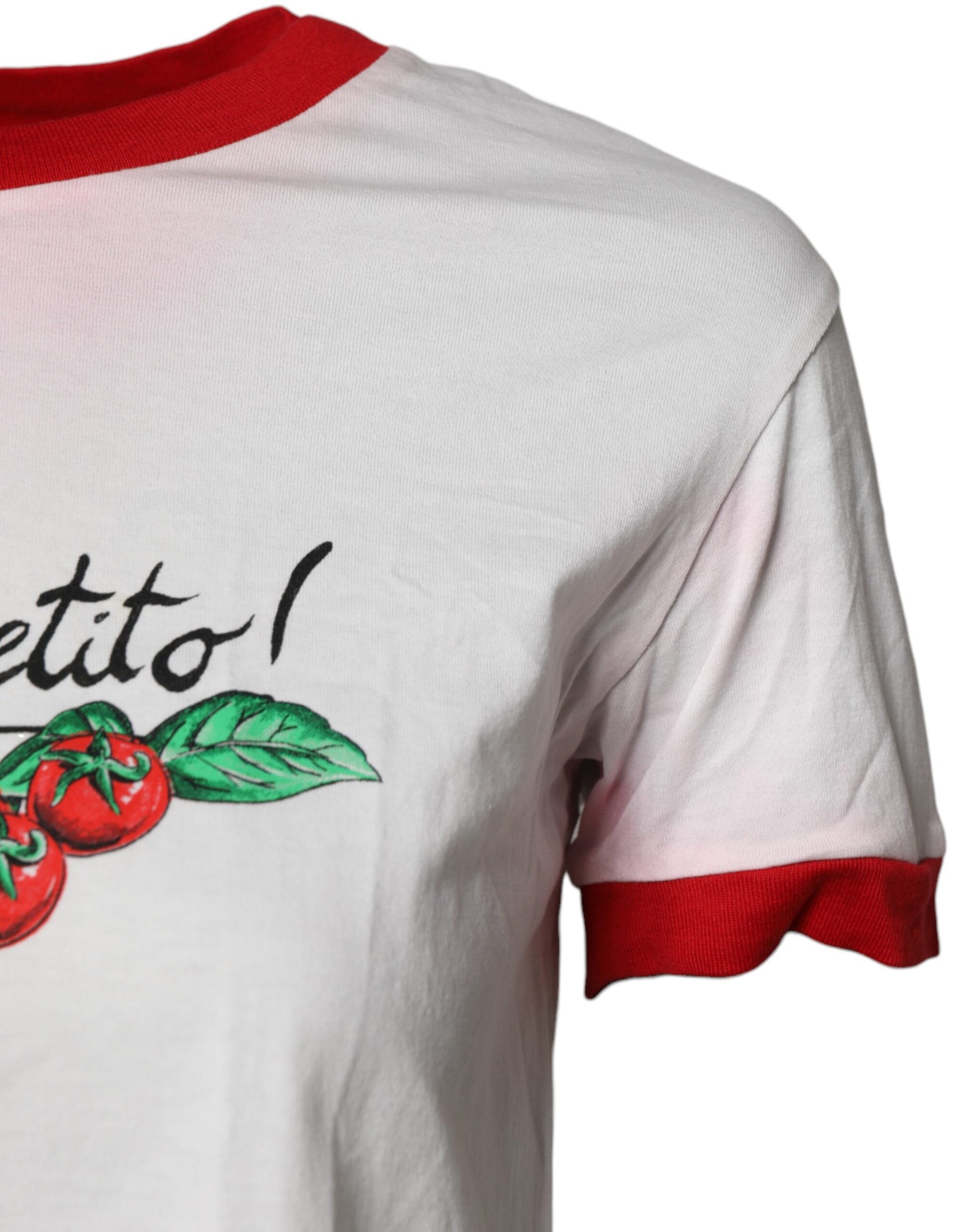 White t-shirt with red trim and logo on front