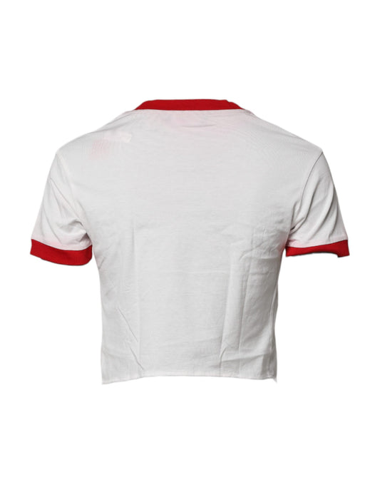 White short sleeve shirt with red stripes on shoulders