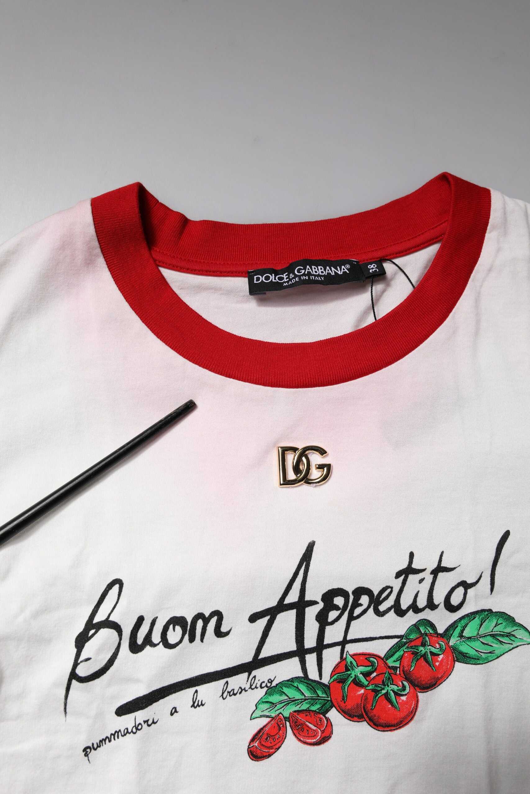 Red and white striped shirt with "BON APPETITO" written on front