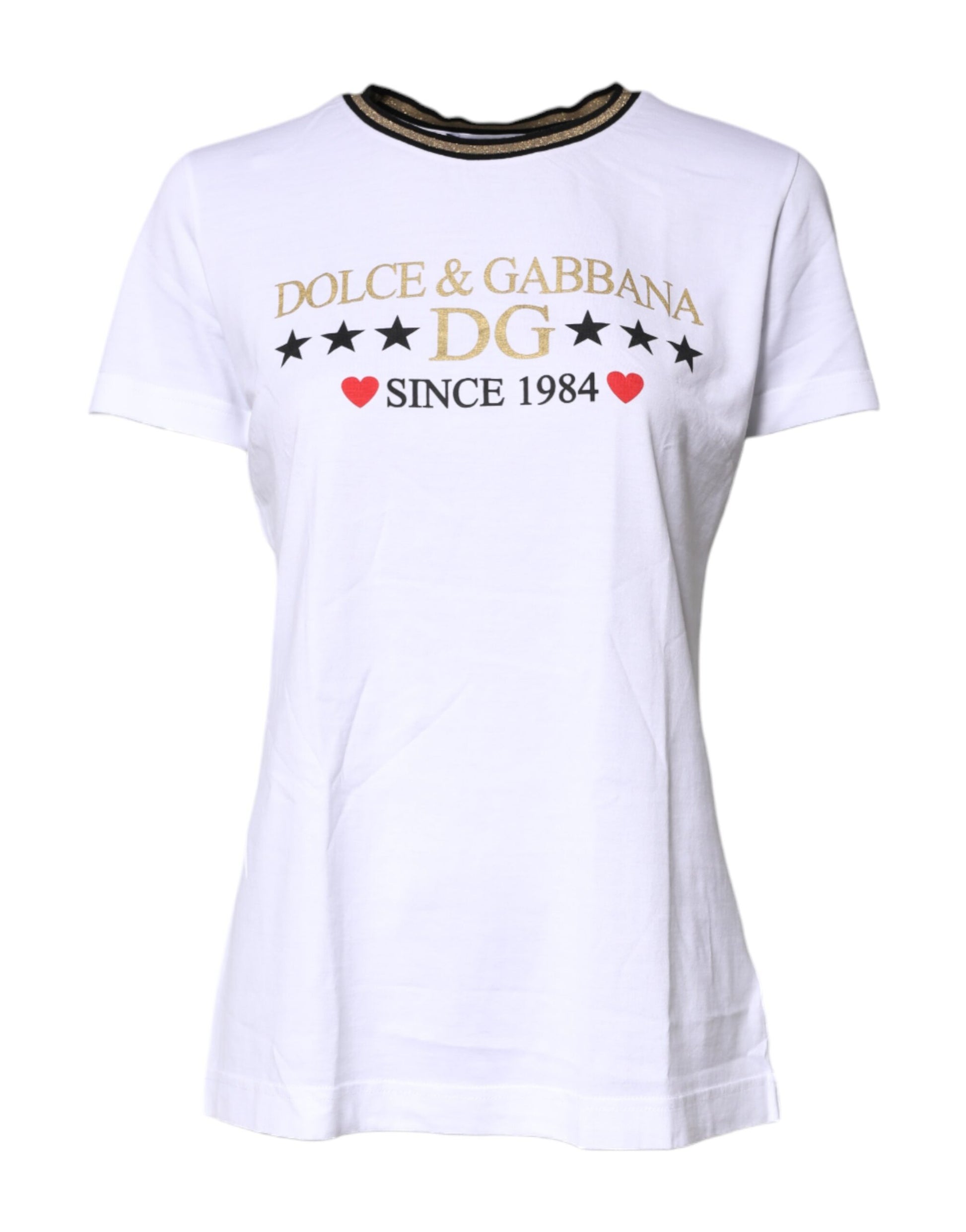 White t-shirt with graphic design featuring logos of Dolce & Gabbana and D&G since 1984