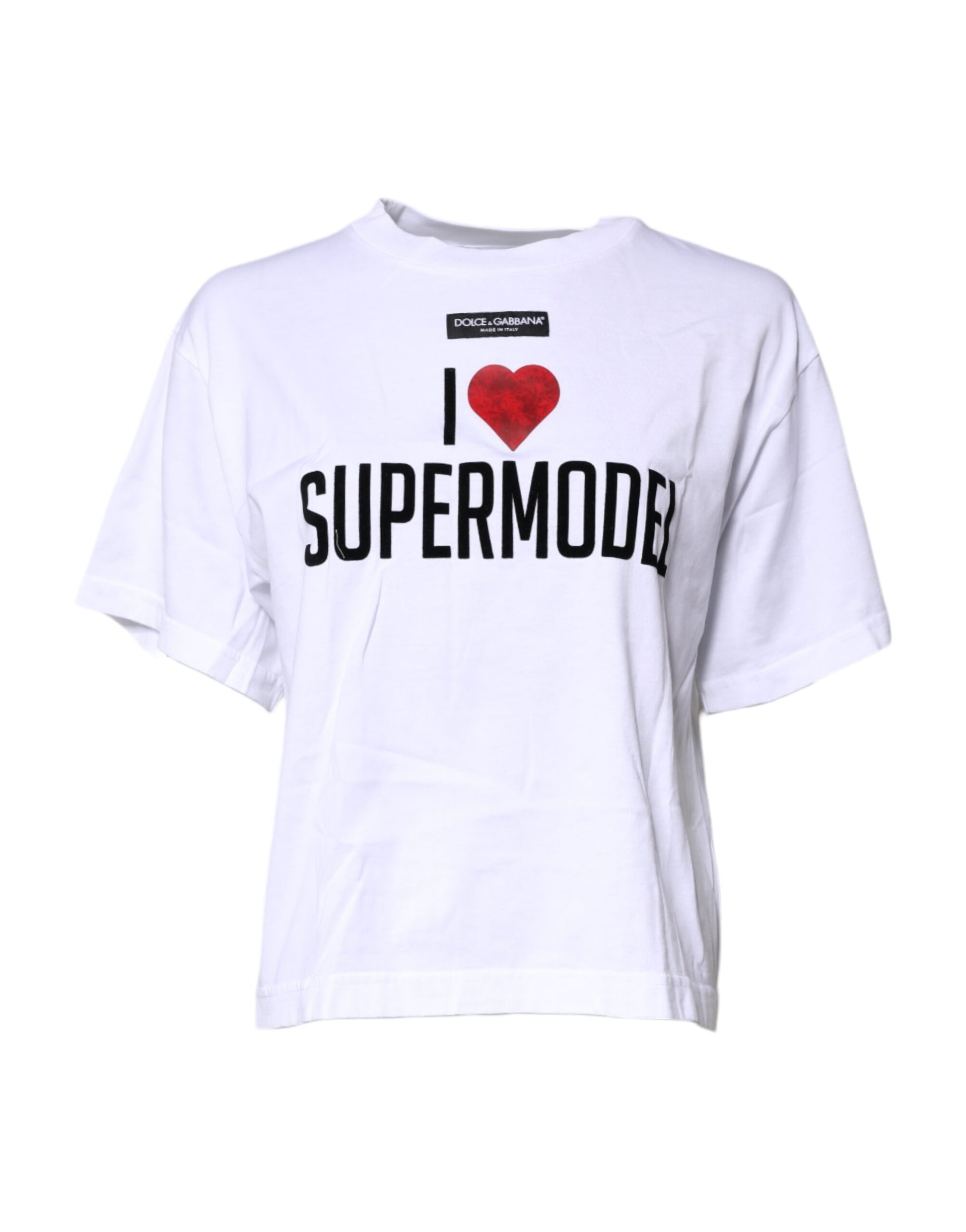 White t-shirt with "I love supermodel" printed on front