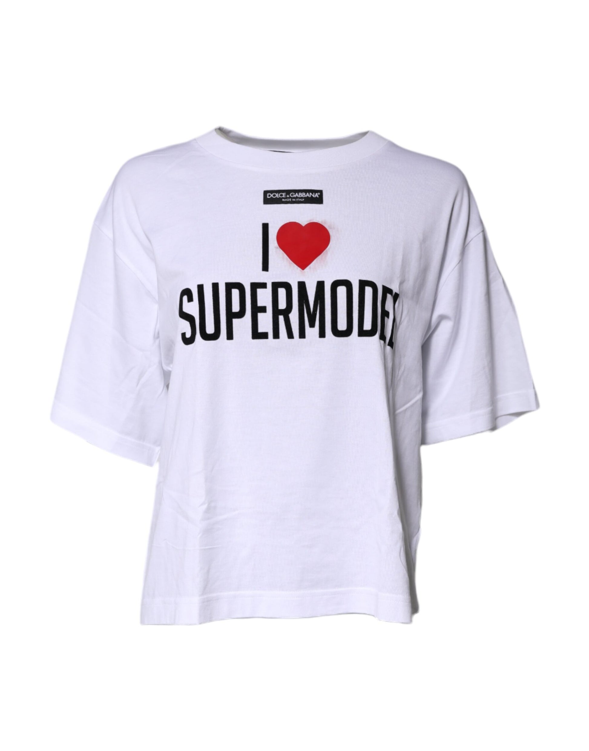 White t-shirt with "I love supermodel" printed on front