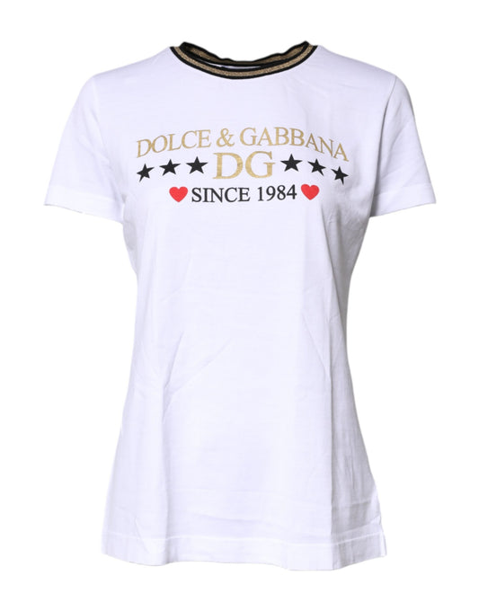 White t-shirt with graphic design featuring logos of Dolce & Gabbana