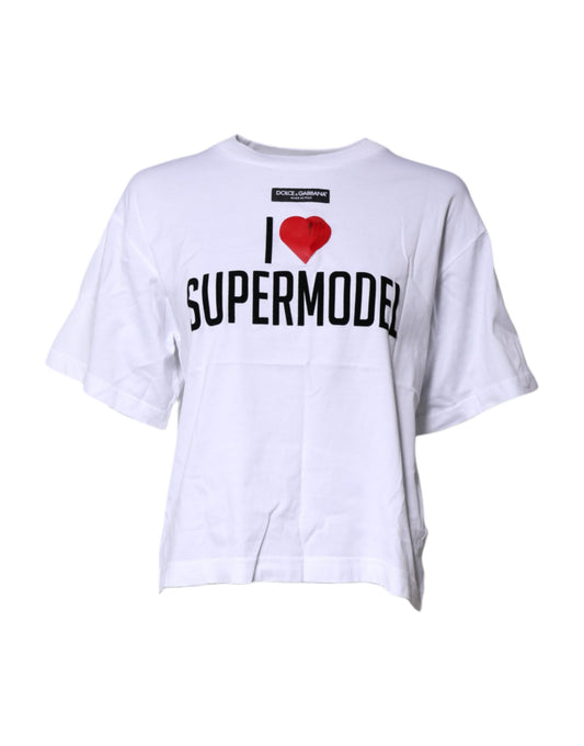 White t-shirt with "I love supermodel" written on front in black letters