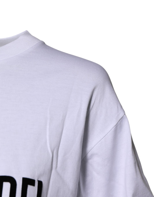 White short sleeve t-shirt with black lettering on front
