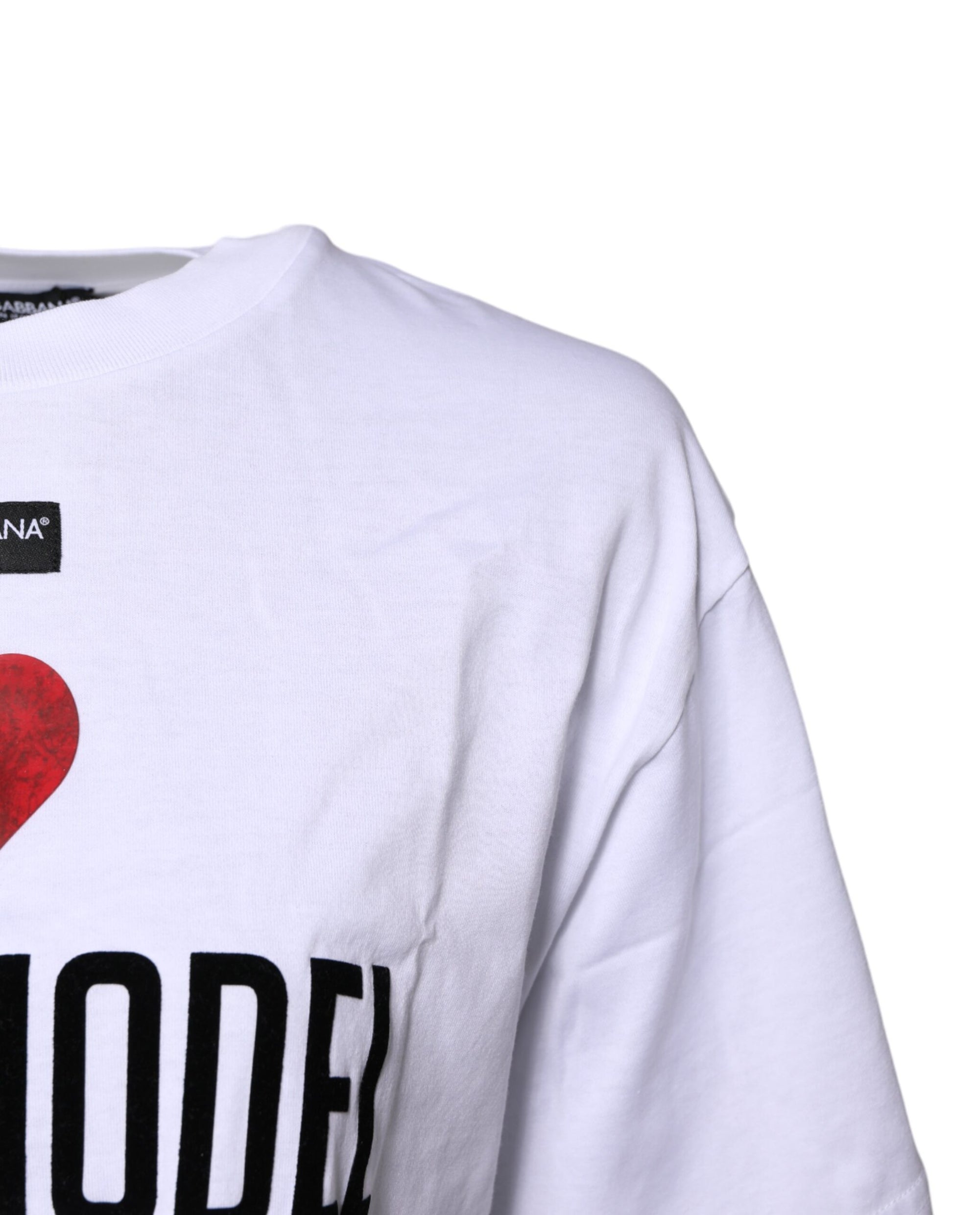 White t-shirt with red heart and black lettering