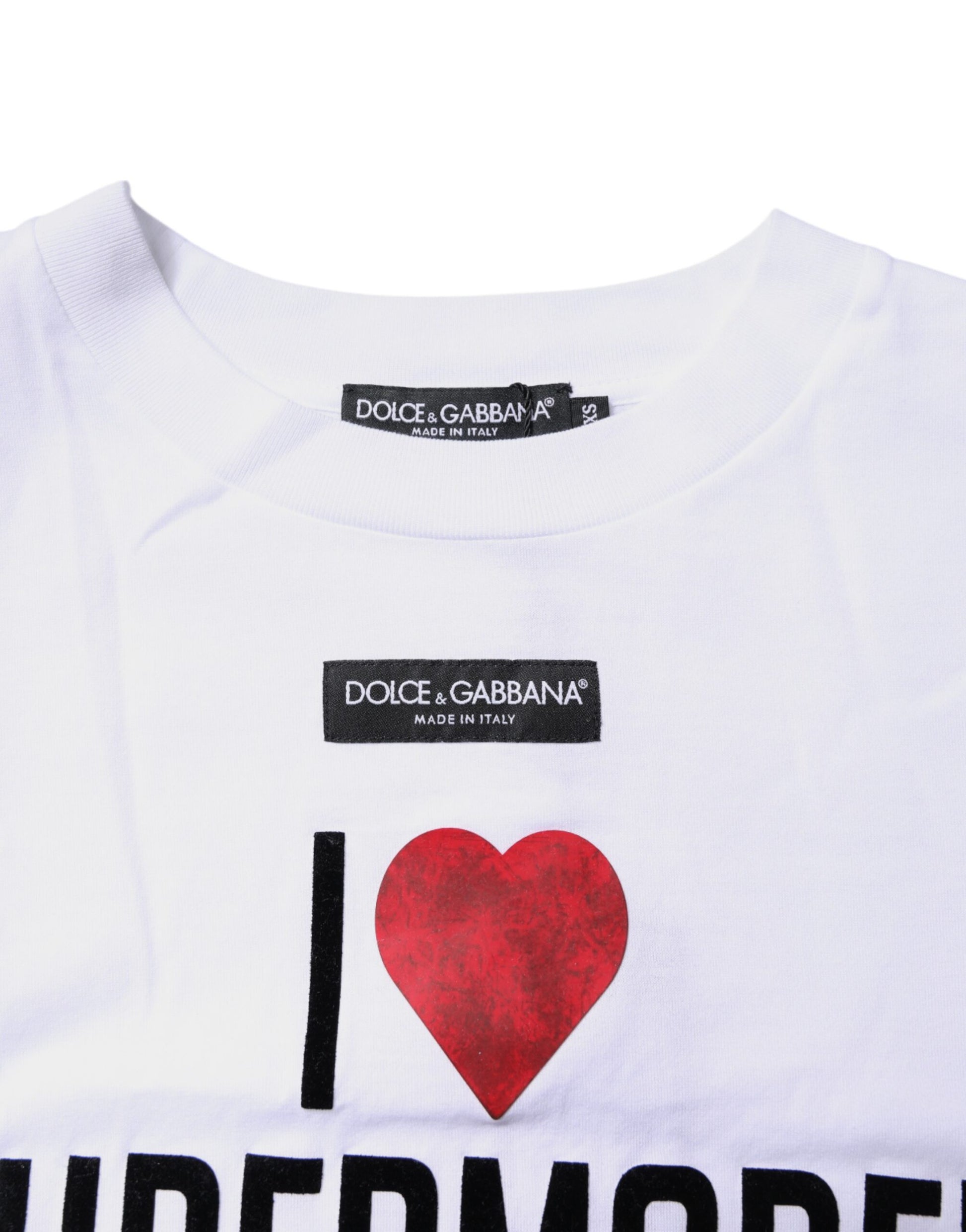 White t-shirt with red heart graphic