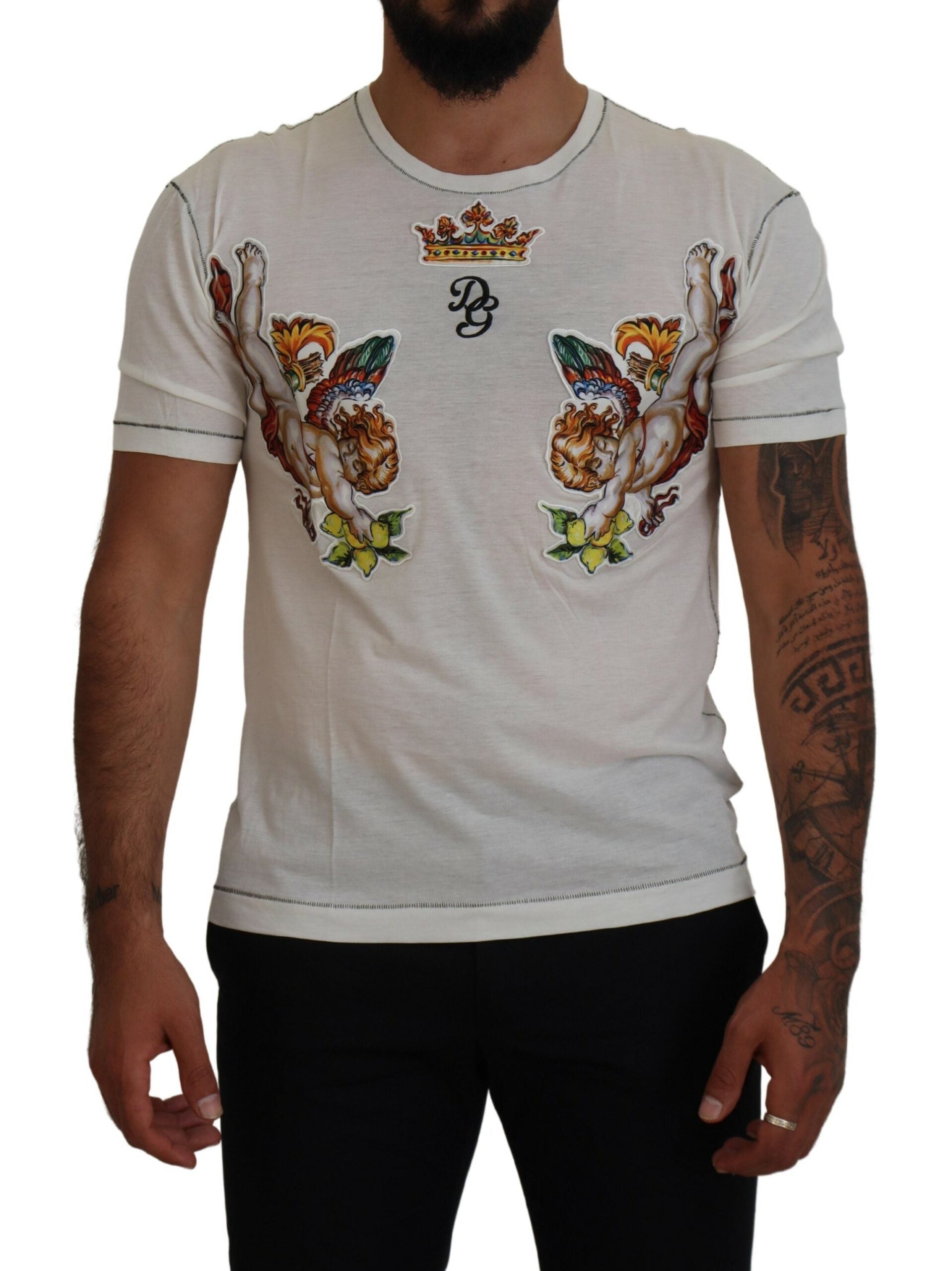 Man wearing graphic t-shirt with floral design