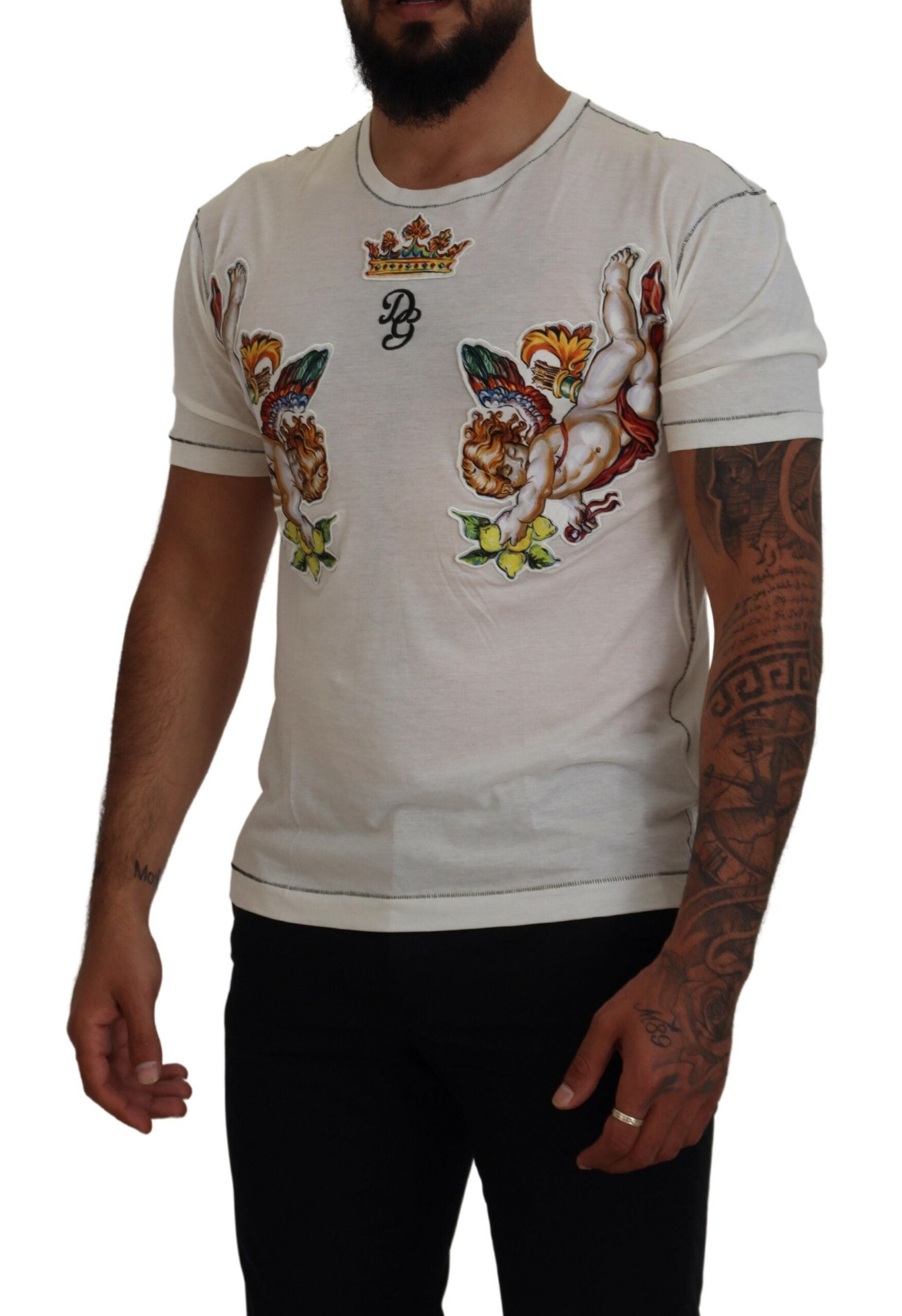 Man wearing white t-shirt with colorful design on front