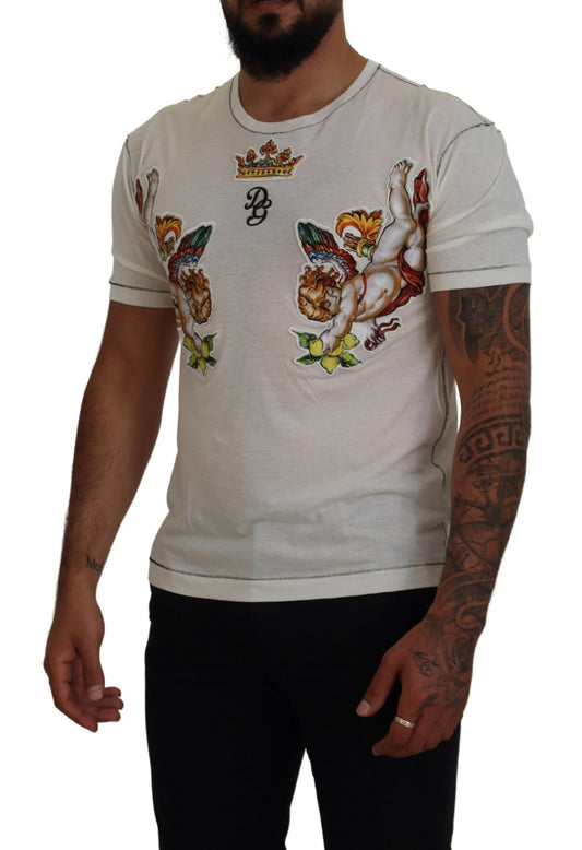 Man wearing white t-shirt with colorful design on front