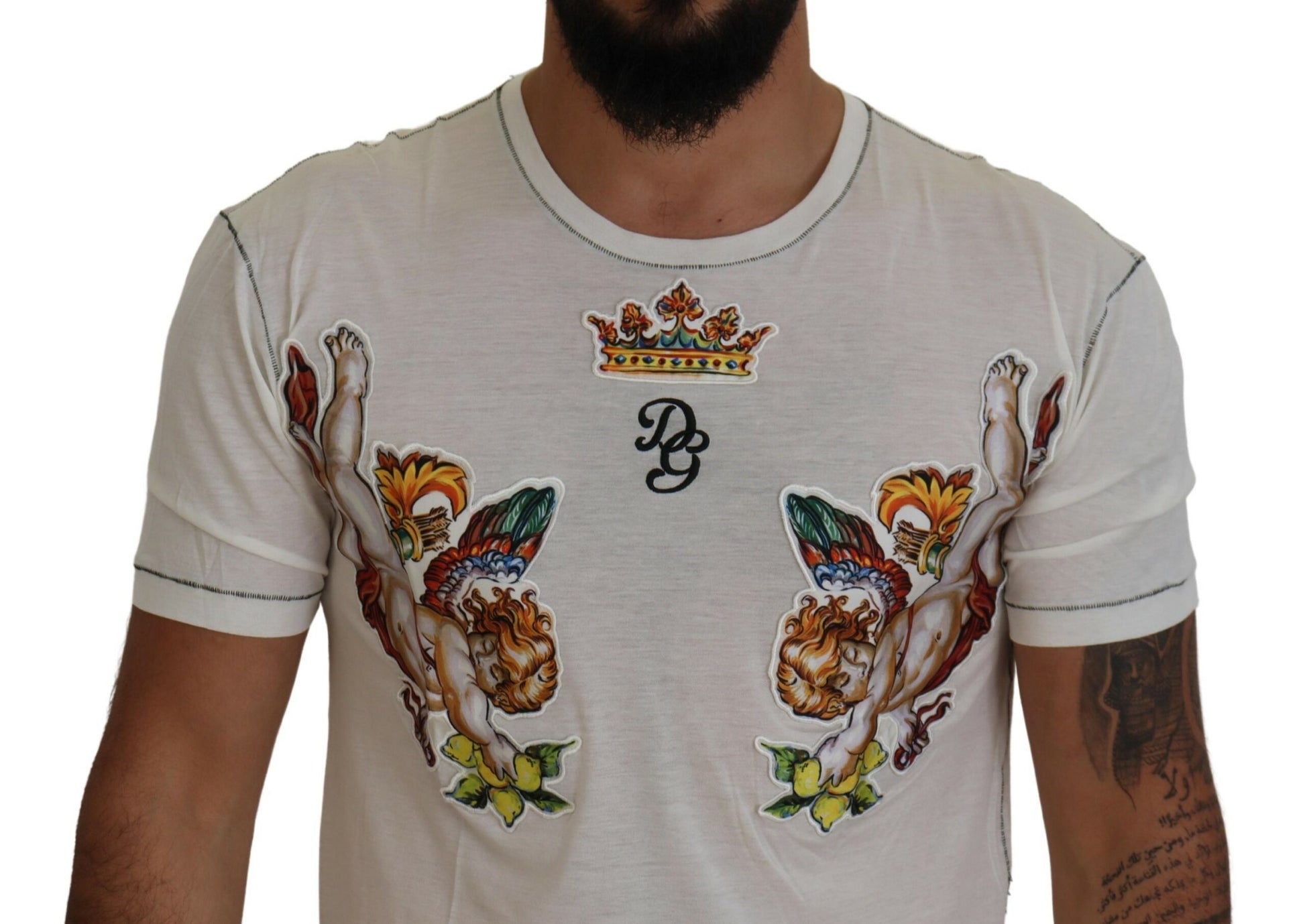 White t-shirt with embroidered design on front