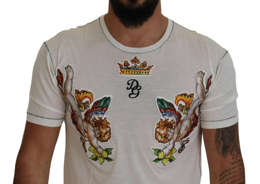 White t-shirt with embroidered design on front