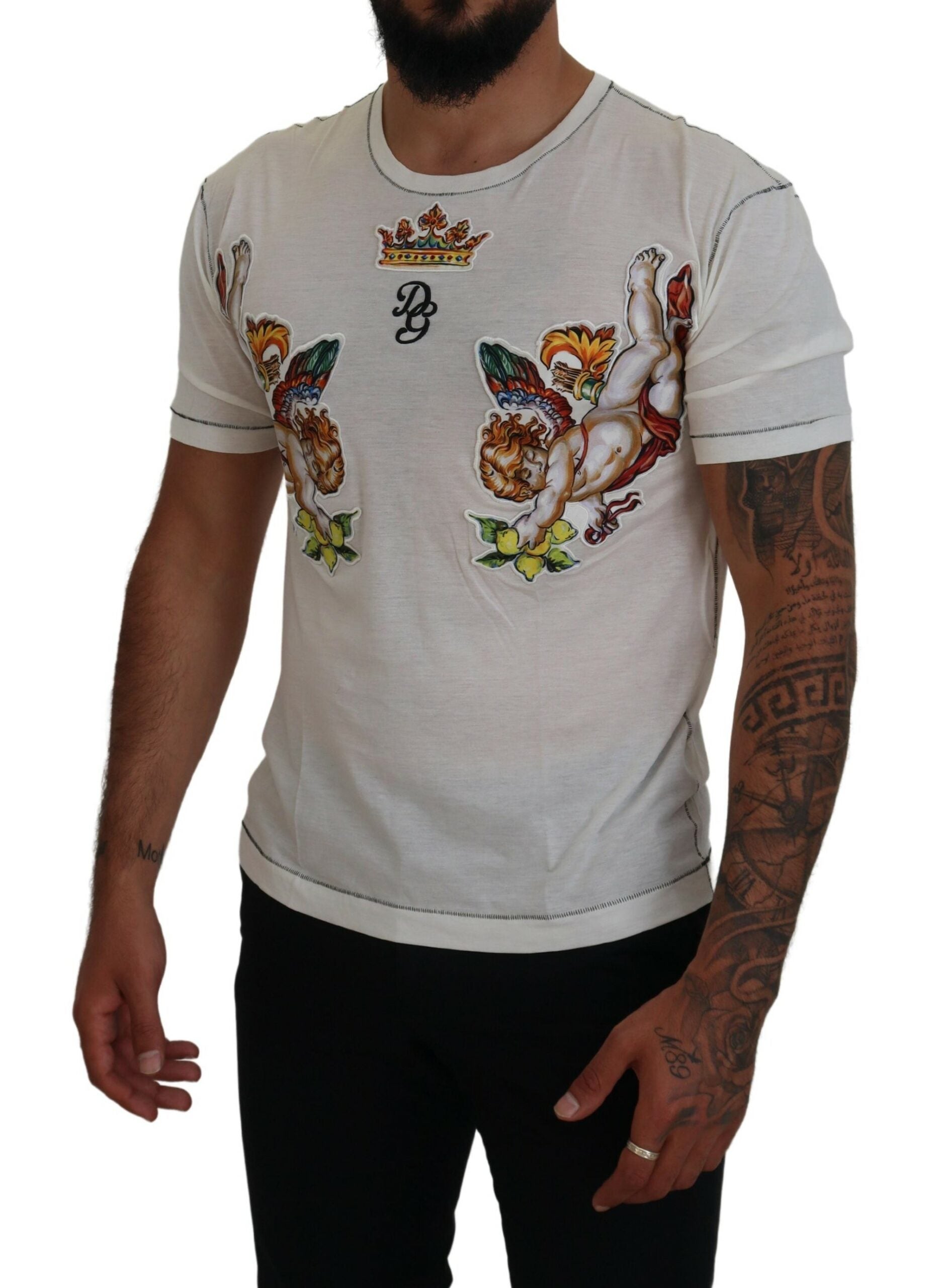Man wearing graphic t-shirt with floral design