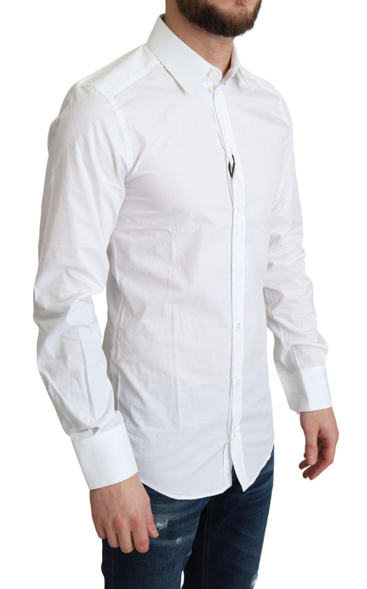 A white long sleeve dress shirt with a collar and button-down front